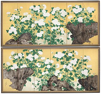 Chrysanthemum and Rock, pair of six-panel screen; ink, color, gofun, gold and silver leaf on paper. 1838.