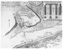 Plan ancien d'une ville accompagné du dessin partiel d'un monument.