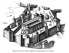 Gravure en noir et blanc montrant une église et divers bâtiments la jouxtant enclos dans une muraille.