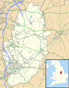 Mapa konturowa Nottinghamshire, blisko górnej krawiędzi po lewej znajduje się punkt z opisem „Worksop”