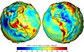 Image 45Earth's gravity measured by NASA GRACE mission, showing deviations from the theoretical gravity of an idealized, smooth Earth, the so-called Earth ellipsoid. Red shows the areas where gravity is stronger than the smooth, standard value, and blue reveals areas where gravity is weaker (Animated version). (from Gravity of Earth)