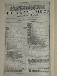 Faksimil av första sidan i The Tragedie of Anthonie, and Cleopatra från First Folio, publicerad 1623