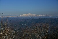 山頂の樹間から望む冠雪した白山