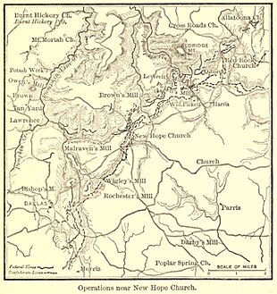 Sepia toned map is labeled "Operations near New Hope Church".