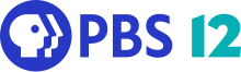 The PBS logo in blue next to a turquoise green numeral 12 in a sans serif