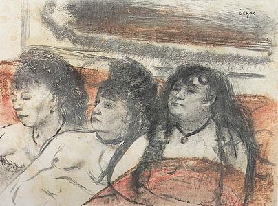 Trois prostituées sur un canapé, gravure monotype, 1879.