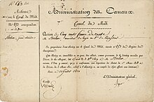 Aktie des Canal du Midi über 500 Francs, ausgestellt in Paris am 10. Juli 1810 auf den Quartiermeister des 1. Kürassierregiments Monsieur Sterlin. Gegründet am 10. März 1810 von Napoleon Bonaparte mit einem Kapital von zehn Millionen Francs, eingeteilt in 1000 Aktien à 10.000 Francs, mit einer festen Jahresdividende von 500 Francs.