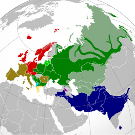 alt= ■ Grieks ■ Romaanse talen ■ Indo-Iraanse talen ■ Keltische talen ■ Germaanse talen ■ Armeens ■ Baltische talen ■ Slavische talen ■ Albanees ■ Niet-Indo-Europese talen ■ water