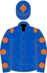 Royal blue, orange epaulets, royal blue sleeves, orange spots, royal blue cap, orange diamond