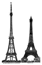 line drawing of tower structure with 4 legs, alongside the Eiffel Tower