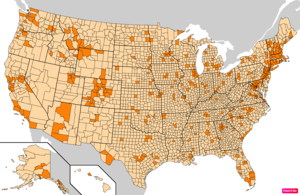 Counties in the United States by the percentage of the over 25-year-old population with bachelor's degrees according to the U.S. Census Bureau American Community Survey 2013–2017 5-Year Estimates.[264] Counties with higher percentages of bachelor's degrees than the United States as a whole are in full orange.