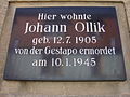 Gedenktafel Johann Ollik, Lauthsweg 1, Apolda