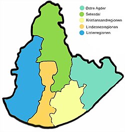 Lister region in blue as it was in 2019, in the map of Southern Norway.