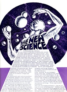 A scanned newspaper page with a title "The New Science" and a futuristic drawing of a man