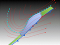 Image 16The initial extratropical low-pressure area forms at the location of the red dot on the image. It is usually perpendicular (at a right angle to) the leaf-like cloud formation seen on satellite during the early stage of cyclogenesis. The location of the axis of the upper level jet stream is in light blue. (from Cyclone)