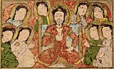 Kitâb al-Diryâq, 1198-1199, folio 24. Royal court detail, ruler in Turkic dress, wearing the sharbush hat.[89]