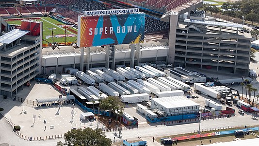 Outside broadcast vehicles at Raymond James Stadium in advance of Super Bowl LV