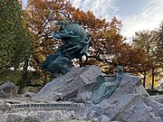 Memorial for the second oldest international organization the Universal Postal Union in Bern, a sculpture of Earth and the personified continents by René de Saint-Marceaux (1909),[note 1] becoming in 1967 the organization's symbol.[30]