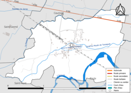 Carte en couleur présentant le réseau hydrographique de la commune