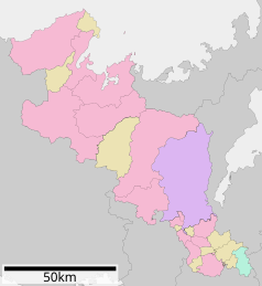 Mapa konturowa prefektury Kioto, na dole po prawej znajduje się punkt z opisem „Kumiyama”