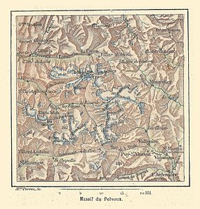 Massif du Pelvoux (dawna nazwa masywu), z książki Géographie élémentaire de la France et de ses colonies (Franz Schrader i Louis Gallouédec, 1894).