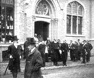 King Leopold II leaving the provisional church for the laying of the first stone (12 October 1905)