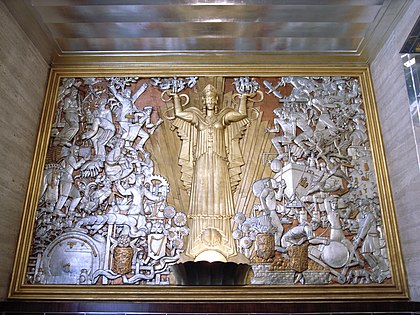 Escultura de alívio no lobby do antigo Daily Express Building em Londres (1932)