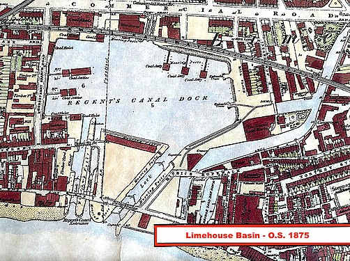 Limehouse Basin in its heyday. The new slantwise shiplock is in the centre; old ship and barge locks on left.