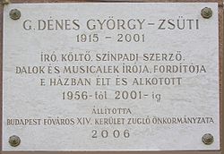 G. Dénes György emléktáblája egykori lakhelyén, a Columbus utca 64. szám alatt