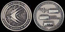 Both sides of a silver "Robbins" medallion with the mission logo and dates of travel