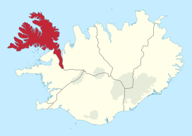 Ligging van Vestfirðir (rood) binnen IJsland