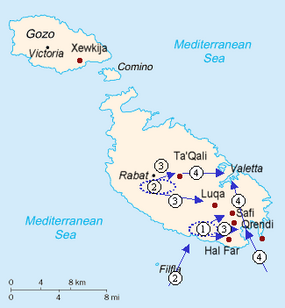 Plán operace Herkules. 1) a 2) letecké a námořní výsadky. 3) a 4) obsazení hlavního města La Valleta.