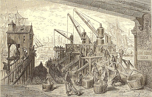 The north quay jetty drawn by Gustave Doré.[40] Notice hydraulic cranes.