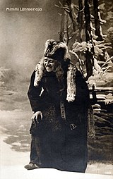 Actress Mimmi Lähteenoja [fi] as Louhi in the National Theatre play Pohjolan häät (The Wedding at Pohjola) on the day the theatre opened, April 9 1902