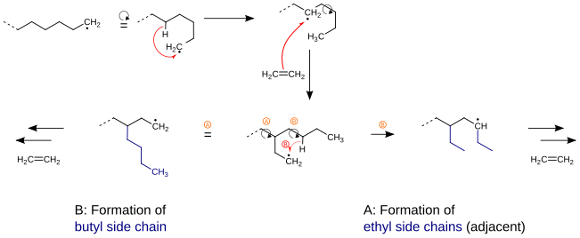 Mechanism for the emergence of side chains during synthesis of polyethylene (PE-LD).