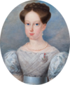 Painting showing the head and shoulders of a young woman wearing a lacey blue dress with auburn hair pulled back