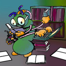 A cartoon centipede (a Wikipede) reads books and types on a laptop.