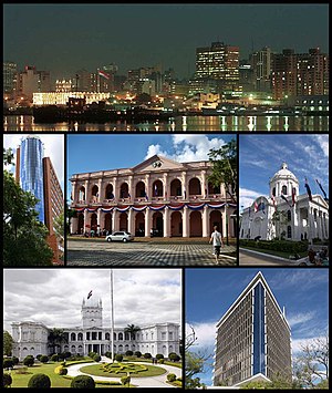 Searah jarum jam dari atas: Panorama kota dari Sungai Paraguay, Menara Citibank, Cabildo Asunción, National Pantheon of the Heroes, Palacio de los López, Hotel Guaraní