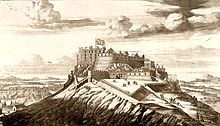 Engraving of a castle on top of a steep hill, above the title "The North East View of Edinburgh Castle". On the castle flies a large Union Flag with Scottish saltire part of flag most visible.