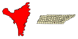 Location of Lynchburg in Moore County, Tennessee.