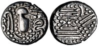 A Chaulukya-Paramara coin, circa 950-1050 CE. Stylized rendition of Chavda dynasty coins: Indo-Sassanian style bust right; pellets and ornaments around / Stylised fire altar; pellets around.[4]