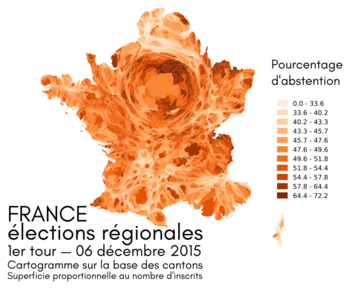 carte montrant le taux d'abstention, où la surface d'un territoire est proportionnelle à son nombre d'inscrits sur les listes électorales