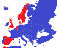 Monarkier i Europa (angivet med rødt) i 1815 (t.v.) og monarkier i dag (t.h.)