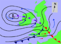 Image 27A fictitious synoptic chart of an extratropical cyclone affecting the UK and Ireland. The blue arrows between isobars indicate the direction of the wind, while the "L" symbol denotes the centre of the "low". Note the occluded, cold and warm frontal boundaries. (from Cyclone)