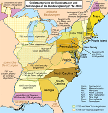 Die Karte stellt die sich überlappenden Gebietsansprüche der 13 Kolonien und benachbarte Staaten dar.