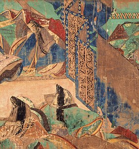 The courtiers in the foreground are wearing their hitoe off-the-shoulder, showing the kosode beneath.