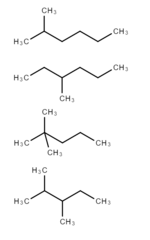 Izomery heptanu (od góry): 2-metyloheksan, 3-metyloheksan, 2,2-dimetylopentan, 2,3-dimetylopentan