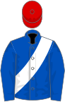 Royal blue, white sash, red cap