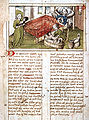 Rojstvo Katarine in Ivane Sienske, 1466, neznan avtor miniature nürnberške šole, v: Legenda Major (švabsko narečje); Berlin, Kupferstichkabinett, Hs. 78. A. 14 f. 2v.