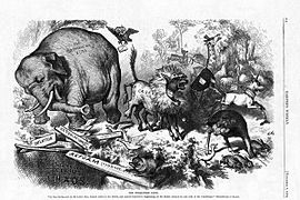 An 1874 cartoon by Thomas Nast, featuring the first notable appearance of the Republican elephant[196]